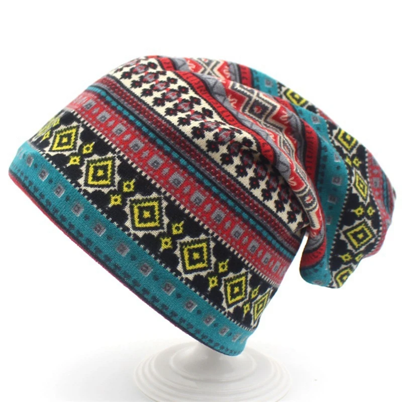Vintage Ethnic Printed Autumn Winter Skullies Beanies Hat Dual-Use Street Hip Pop Unisex Cap Warm Scarf Turban Christmas Xmas
