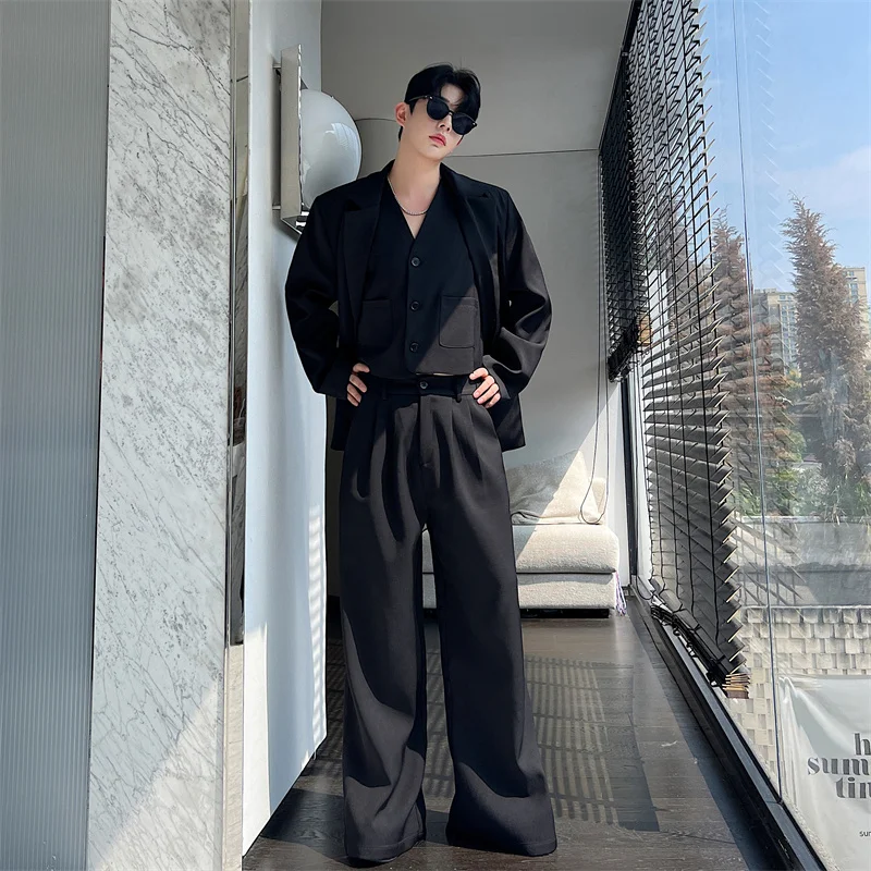 NOYMEI Fashionable Suit Three Piece Set Black Temperament 2024 Autumn All-match Wide Leg Pants Casual Jacket Men Chic WA3119