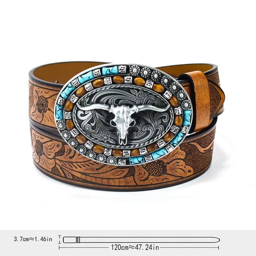 Men's Western Style Leather Belt With Vintage Bull Head Buckle, Suitable For Daily Wear