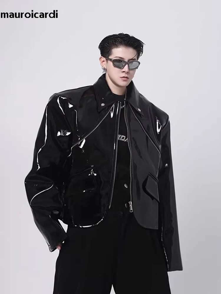 Mauroicardi Spring Autumn Cool Loose Short 2025 Black Shiny Reflective new Patent Faux Leather Jacket Men Zipper Designer Clothes