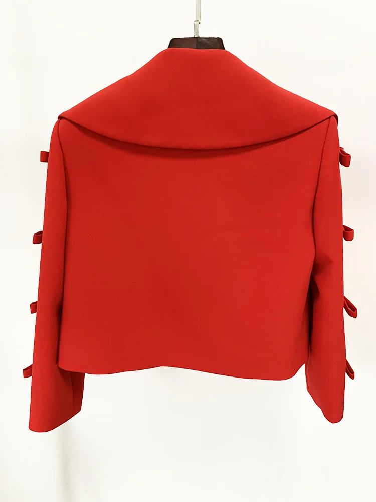 Red Short Cardigan Bow Jacket Coat 2024 Spring New Designer 2025 Hollow Bow Split Three Quarter new Sleeve Short Cardigan Jacket Women