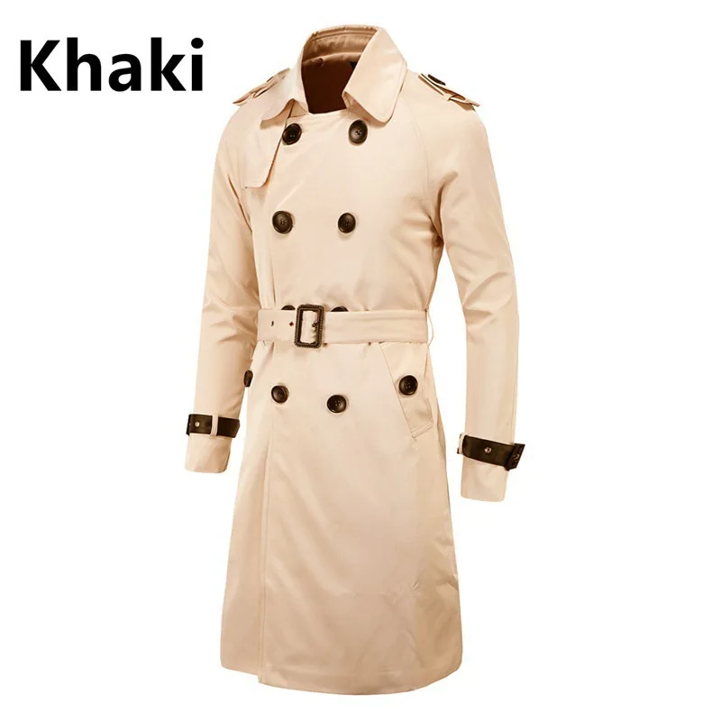 Mens Spring Autumn Windbreak Overcoat Long Trench Coats with Belt Male Pea Coat Double Breasted Peacoat W03
