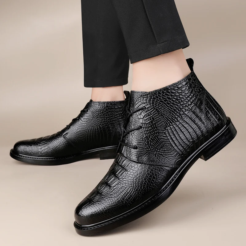 Men's Shoes Genuine Leather Ankle Boots Men Stylish Men Winter Plush Snow Boots Lace-Up Crocodile Pattern Men Motorcycle Boots