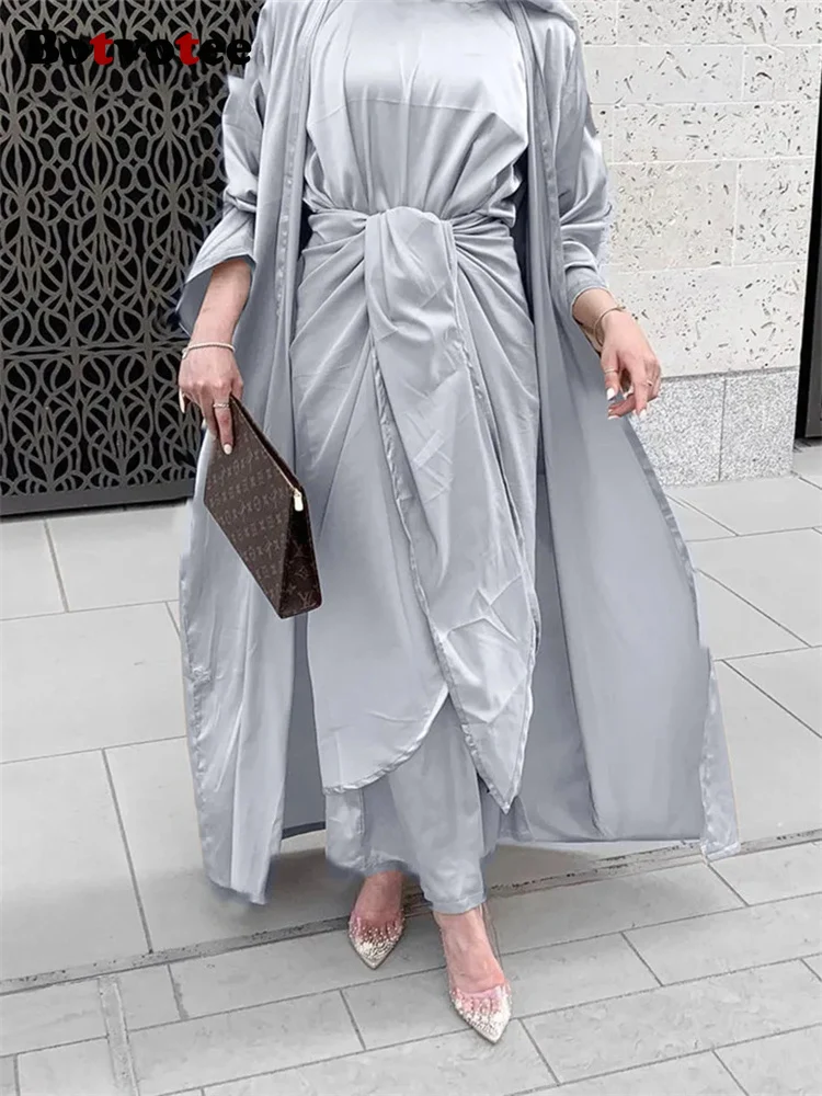 Botvotee Solid 3 Piece Abaya Set for Women 2023 Casual Hijabs Kaftan Open Abaya Vintage Turkish Dubai Long Sleeve Muslim Sets