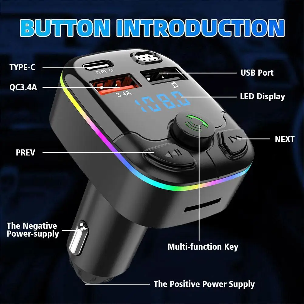 Car FM Transmitter 5.0 PD Type-C Dual USB 3.1A Fast Charger Colorful Ambient Light Handsfree MP3 Modulator Player Car BT Player