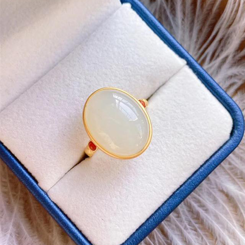 New Silver Inlaid Hetian Chalcedony Egg Face Big Ring Temperament Neutral Men And Women Models Opening Adjustable Brand Jewelry