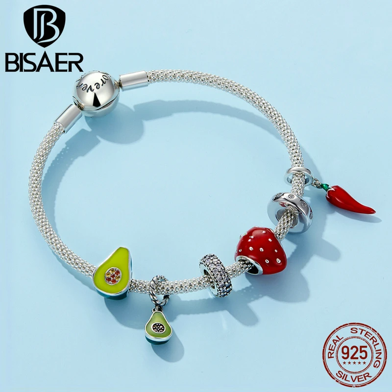 2025 BISAER Sterling Sier Red Wine Glass Rose new Charm Bead Cherry Fruit Pendant Fit Girl Bracelet&Necklace DIY Fine Jewelry Gift