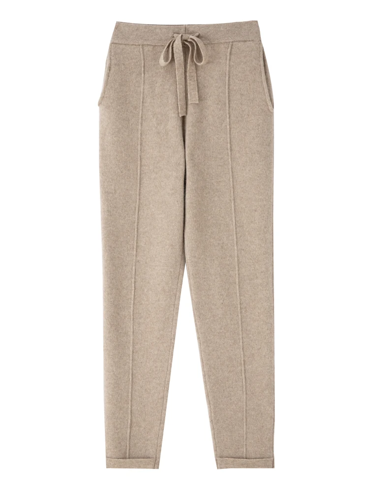 Winter Thicken Woman's Pants Warm 2025 Long Trouser Casual Elastic Mid Waist Pencil Pant Jogger Pants 100% Wool Knit Full new Length Pant
