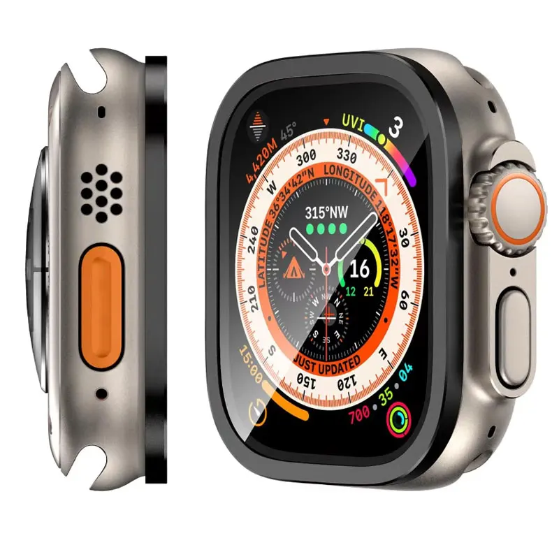 for Apple Watch Ultra mm Cover Metal Case Tempered Glass Screen Protector Waterproof Protective Bumper iWatch Clear Film