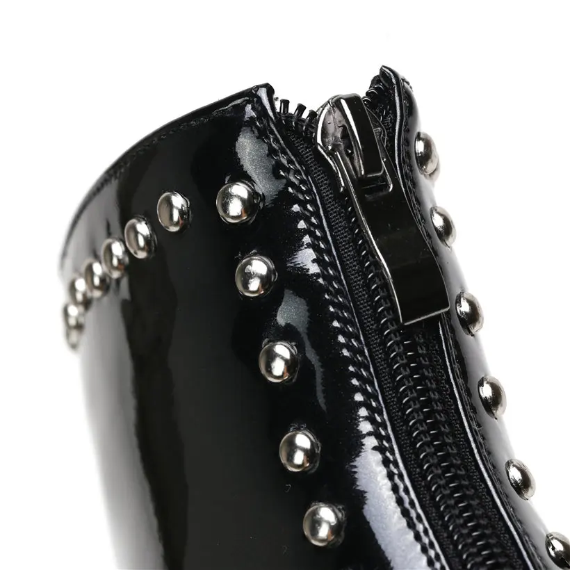 Winter Rivet Women Ankle Boots High Block Heels Pointed Toe Black Studded Patent Leather Plush Casual Ladies Zipper Short Boots