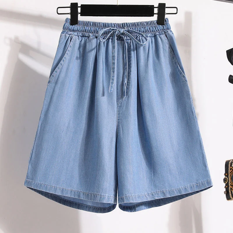 Tencel Shorts Children's Denim Summer New Thin Ice Silk Casual Five Point Loose Wide Leg High Waist A-shaped Hot Pants Large smile