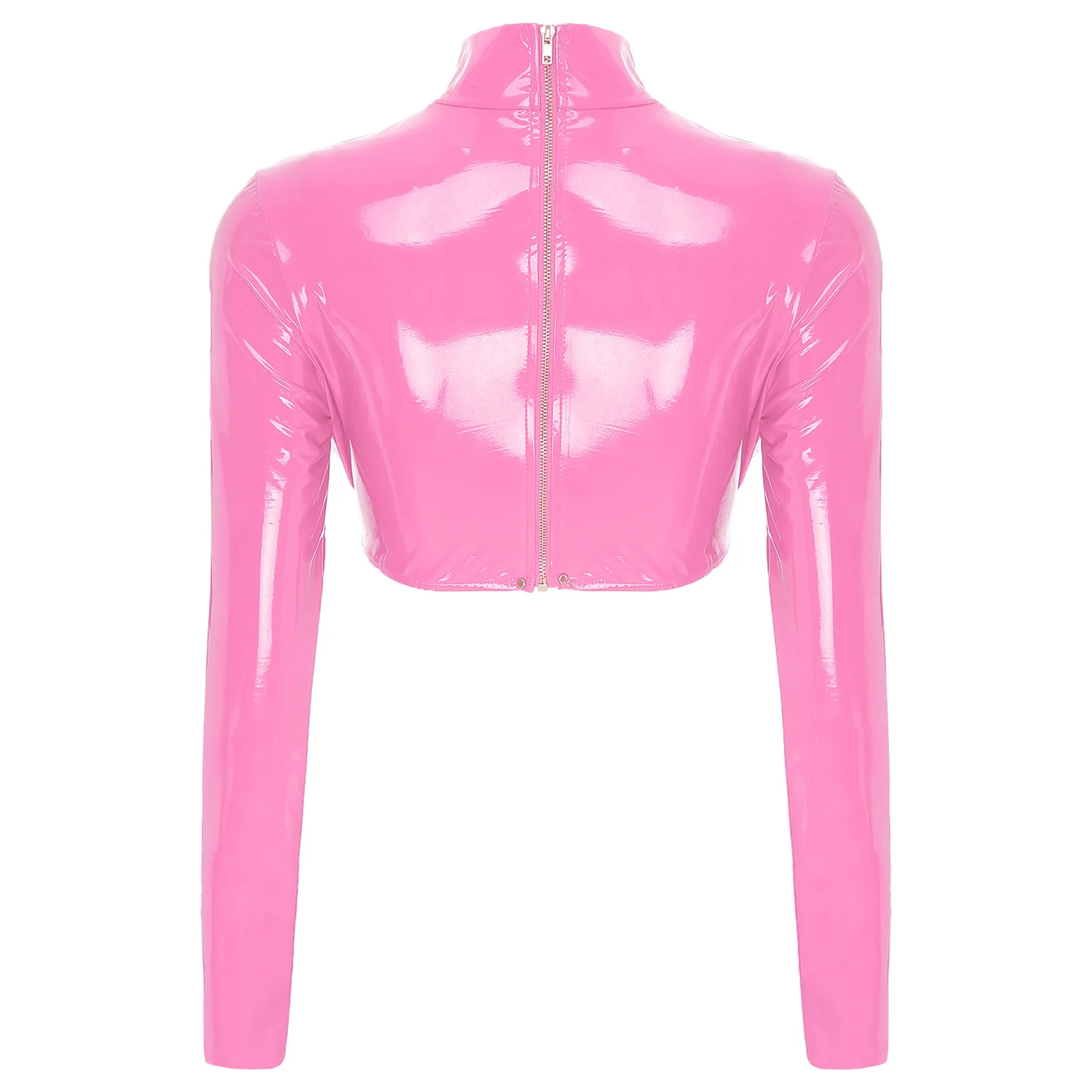 Womens Lingerie Open Chest Glossy Patent Leather Crop Top with Metal Chains Stand Collar Hollow Out Back Zipper T-shirt Crop