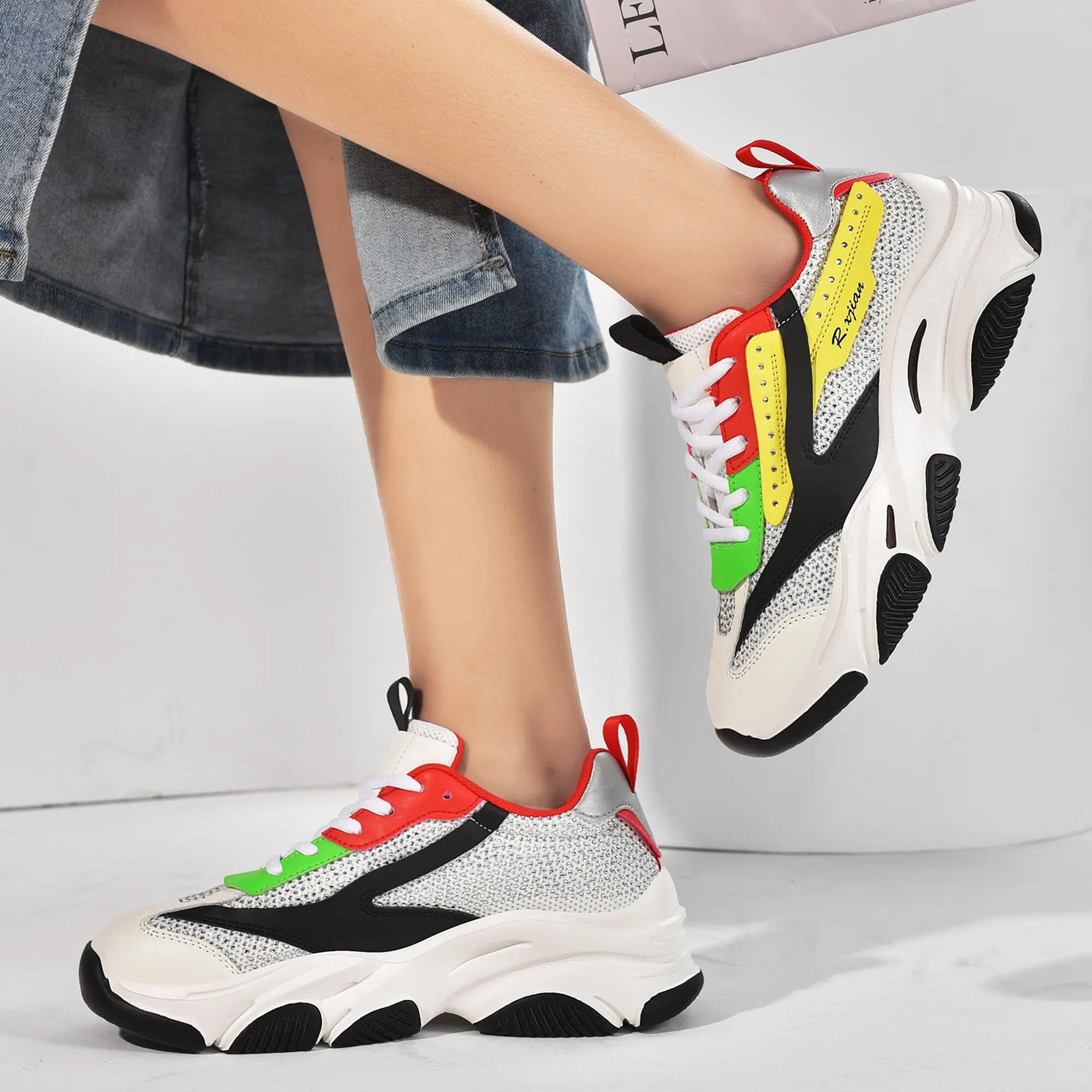 RXJIAN New Ladies Hiking Torre Shoes, Hot Drilling Lightweight Thick-soled Increased Breathable Road Running Shoes