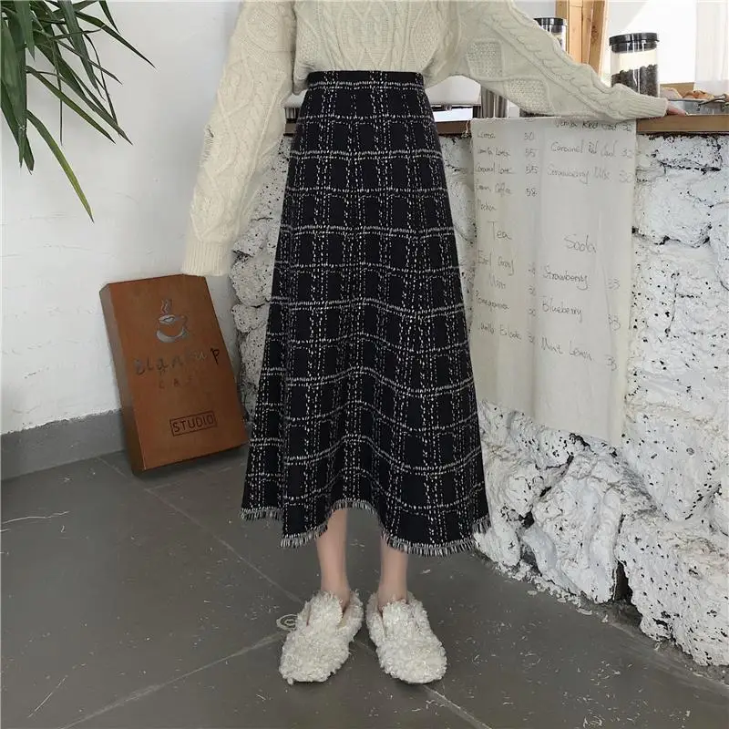 Korejepo Sweet Knitted Skirt Women Autumn Winter New A line Black Skirts Mid Length Umbrella Student Gentle Bottoms