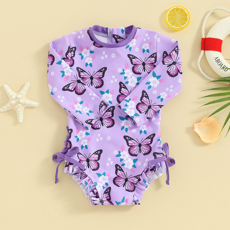 0-3Y Baby Girls Rash Guard Swimwear Butterfly Floral Long Sleeve Ruffle Romper Swimsuits Toddler Beachwear Kids Bathing Suits