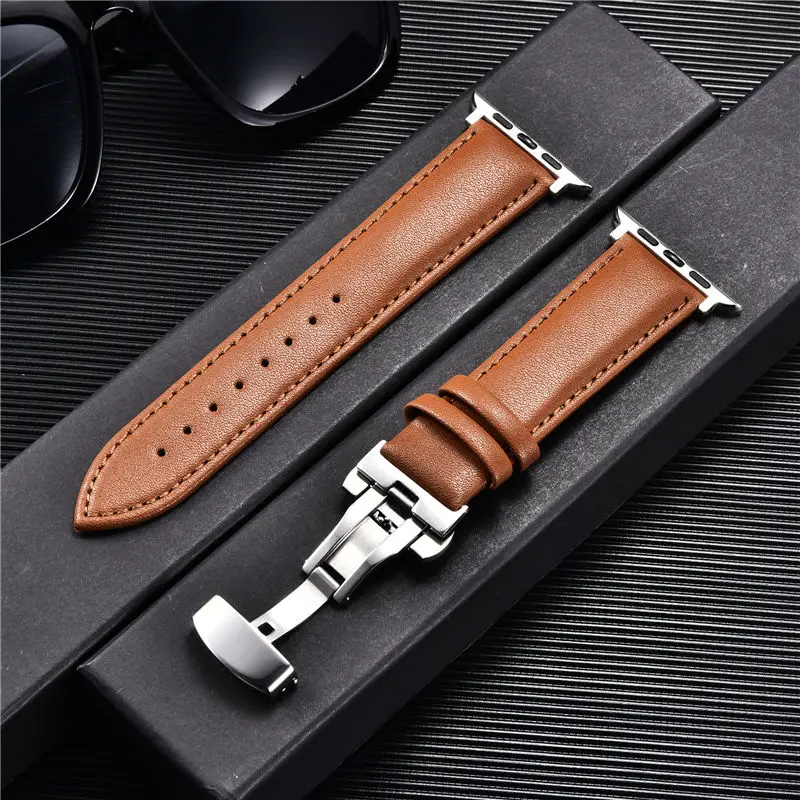 Leather Watchbands for Apple Watch 8 7 6 5 4 3 SE Butterfly Clasp Replace Wrist Strap 38/40/41mm 42/44/45mm Band for iwatch