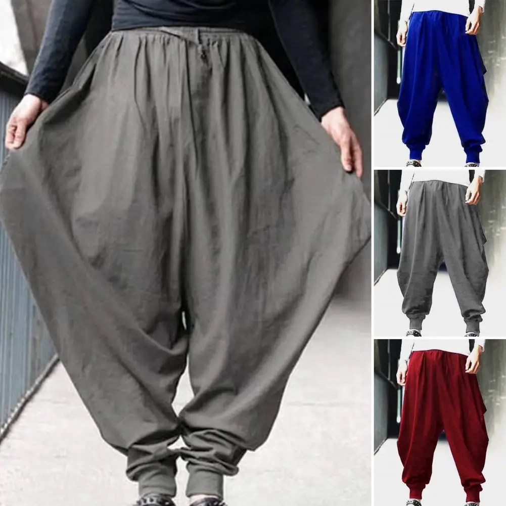 Men Harem Pants Solid Color Elastic Waist Men Trousers Loose-fit Retro Style Drawstring Casual Long Trousers Streetwear