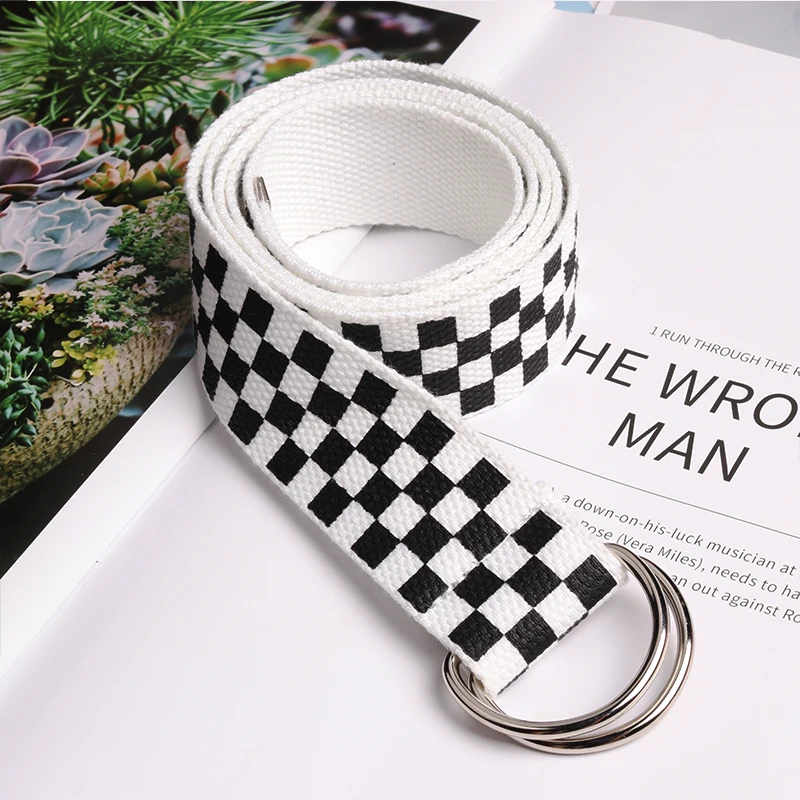 Casual Checkerboard Canvas Belt for Men Women Black Plaid D Ring Double Buckle Long Waist Strap Student Teenager Jeans Belts