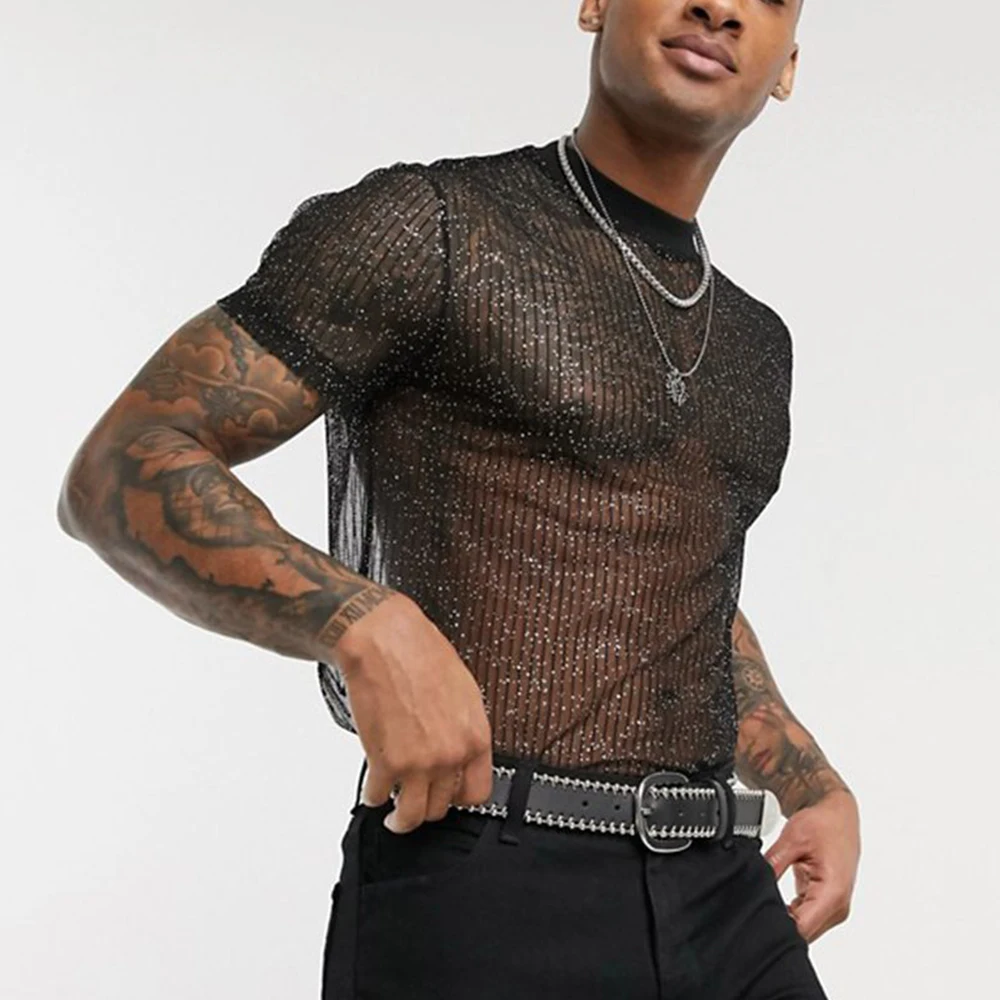 Men T Shirt See Through Sequin Shiny Mesh Sexy Undershirt Short Sleeve Shirts Casual Sexy Sheer Club Top Transparent Blouse