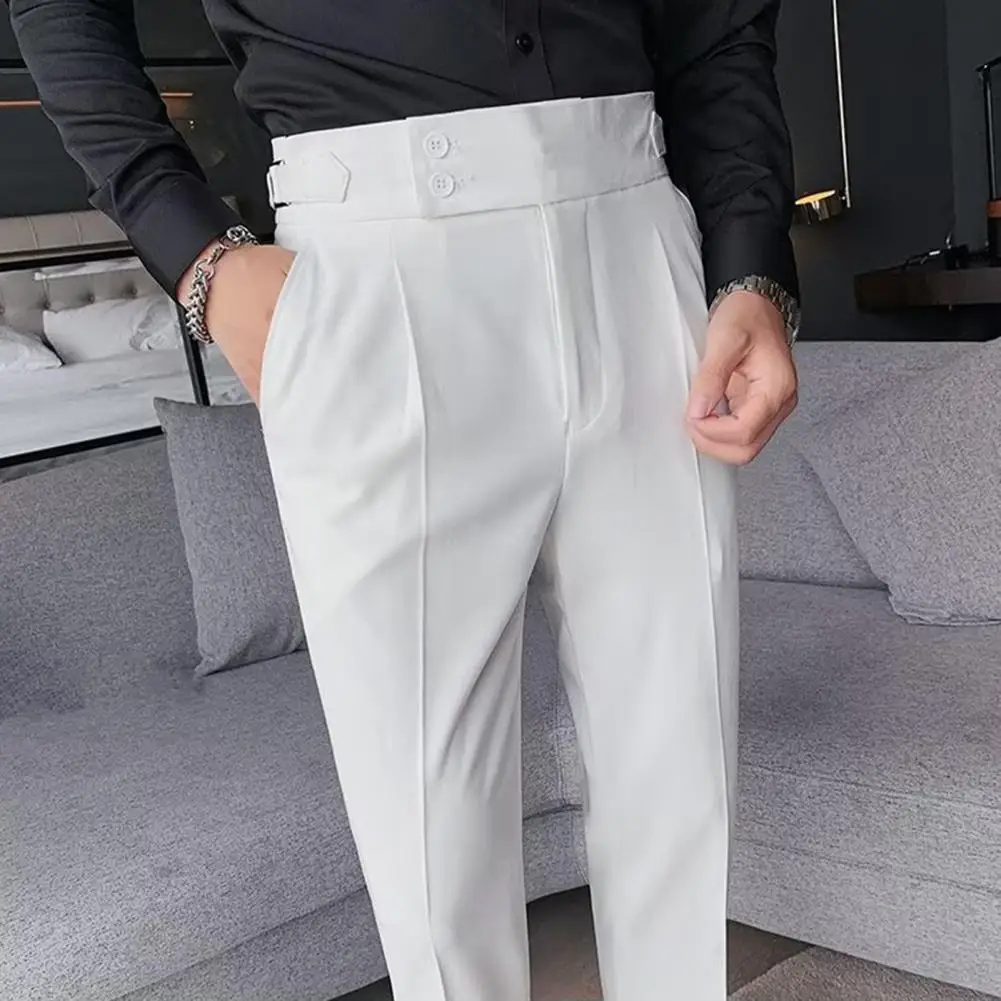 Straight-leg Trousers Men Suit Trousers Classic Men's Office Trousers Slim Fit High Waist Vintage Pockets for Formal Business