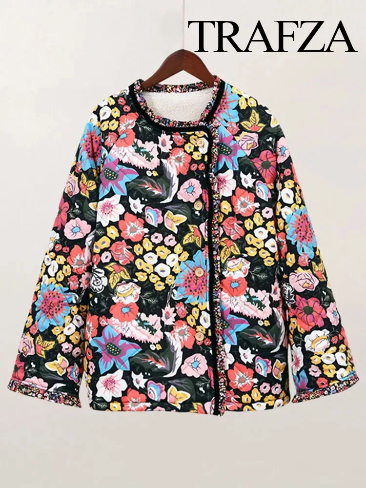 TRAFZA Women's Flower Print Coat Quilted Reversible Long Sleeve Open Front 2 In One Jackets Autumn Vintage Streetwear Coat