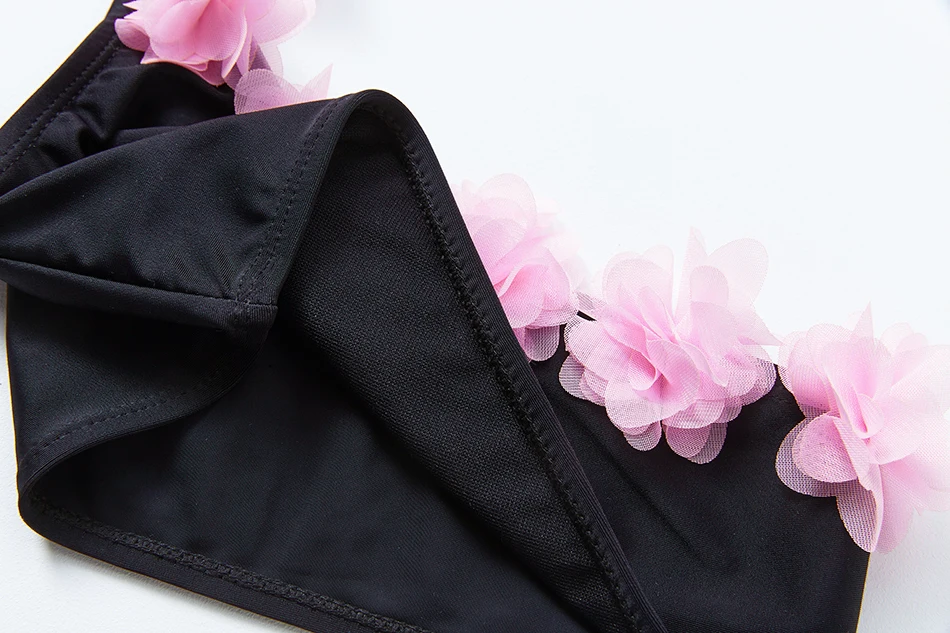 2021 Girls Swimsuit Oblique Shouldered Two Piece Children's Swimsuit Black Oblique Shouldered Swimsuit Pink Flower Bikini Set
