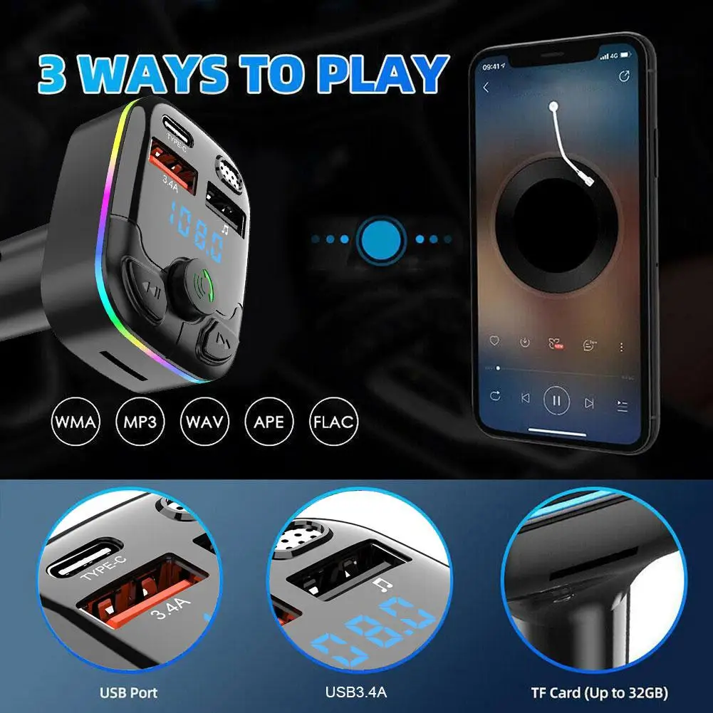 Car FM Transmitter 5.0 PD Type-C Dual USB 3.1A Fast Charger Colorful Ambient Light Handsfree MP3 Modulator Player Car BT Player