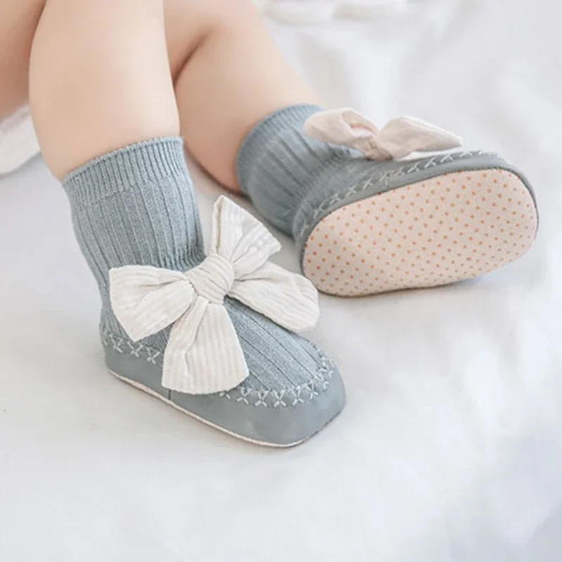 Cute Big Bowknot Baby Girls Toddler Shoes Soft Sole Glue Dot Non-slip Floor Socks Skin-friendly Newborn Baby Socks 6-18 Months