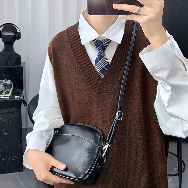 Vintage Autumn Winter Men V Neck Sweater new 2025 Vest Knitted Haruku Casual Oversized High Quality Matching Pullover Solid School Top