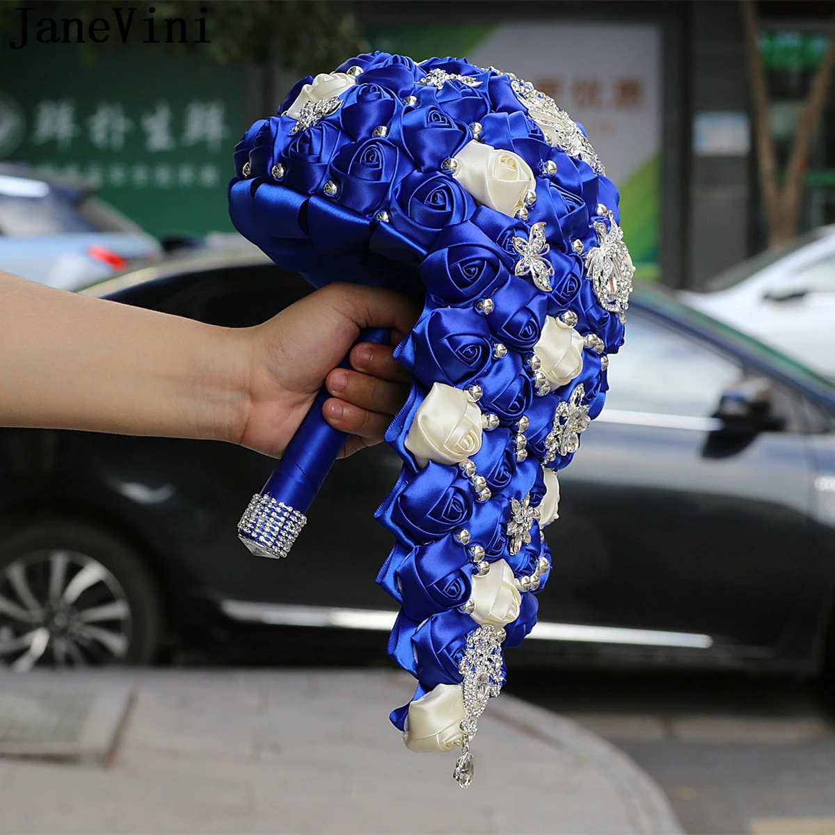 JaneVini Royal Blue Cascading Wedding Bouquets with Silver Crystal Jewelry Handmade Beaded Satin Rose Waterfall Bridal Flowers