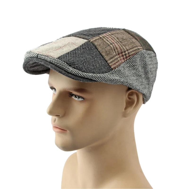 Retro Men's Berets Hat Autumn Patchwork Plaid Peaked Hat Gatsby Newsboy Cap Women Wool Flat Cabbie Ivy Cap Twill Herringbone Hat