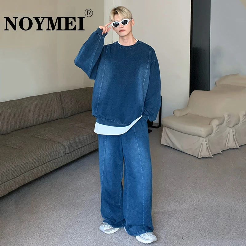 NOYMEI Men s Trouser Set Korean Style Washed Denim Sweatshirt Two Piece Autumn New Casual Suits Straight Baggy Pants WA