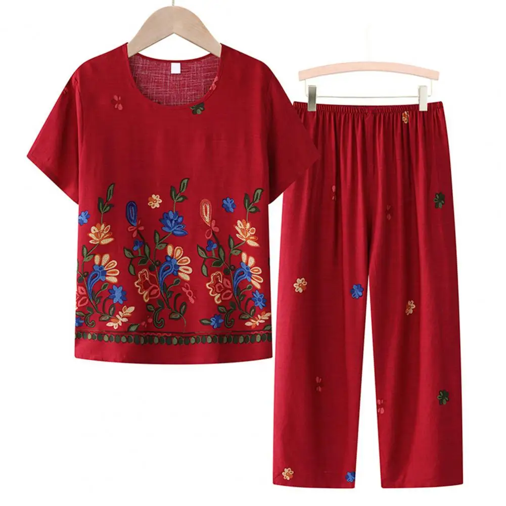 Grandma Summer Two-Piece Set Short-Sleeved Cropped Pant Pamas Women Sleepwear Loose Middle-Aged Elderly Mother new 2025 Home Clothes