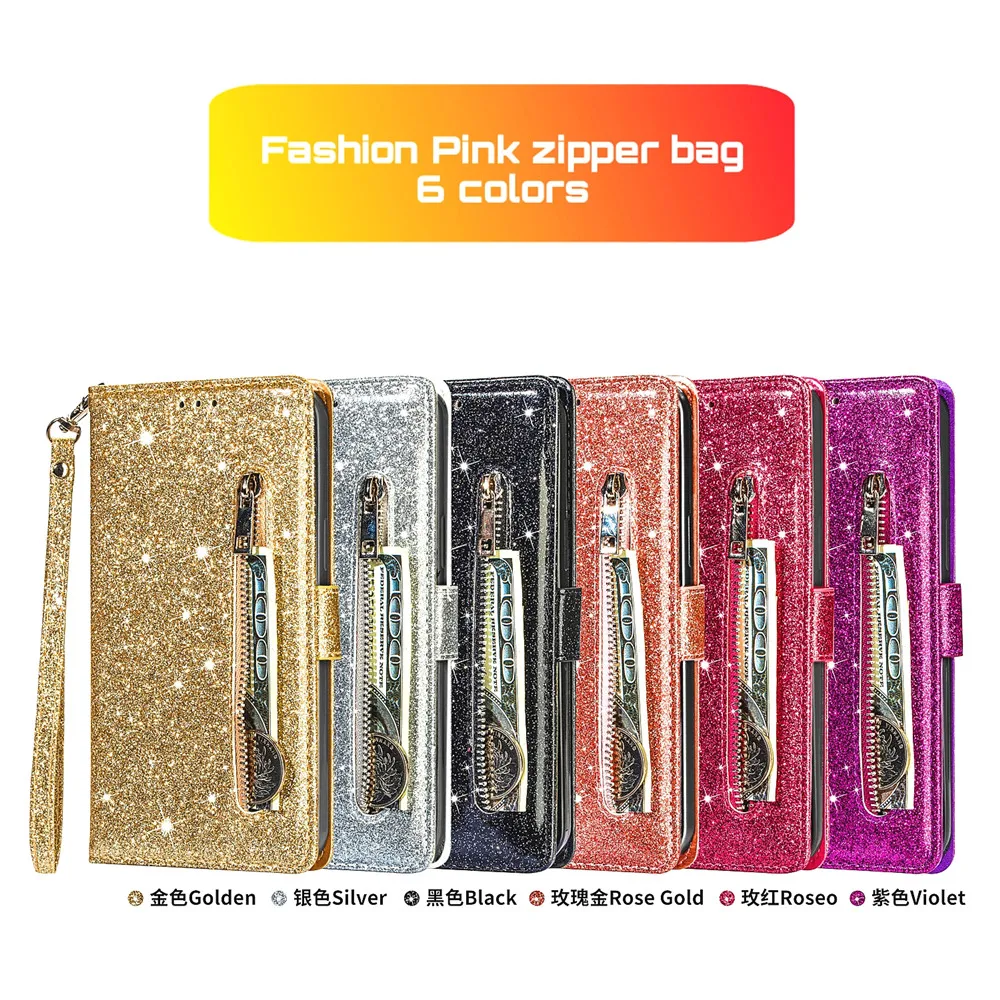 Zipper Flip Wallet Glitter Leather Case for iPhone 15 14 13 12 11 Pro Max XS XR 8 7 6 Plus SE 2022 Mini Bling Stand Phone Cover