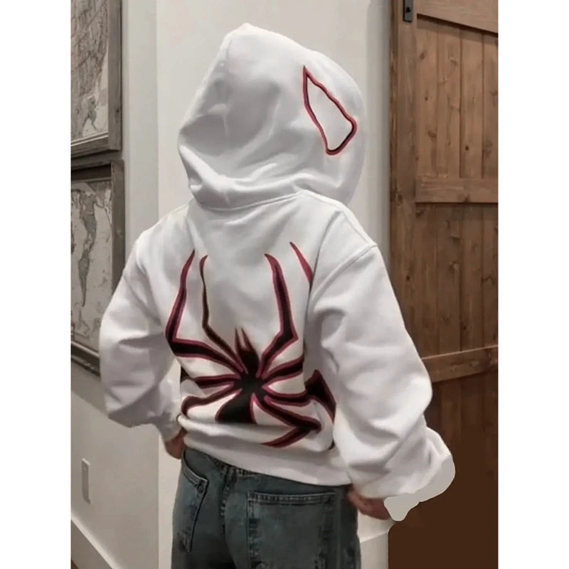 Halloween Women Spider Print Hoodies Men Hip Hop Zipper Long Sleeve Jacket Coats Autumn Winter Harajuku Loose Hooded Sweatshirt