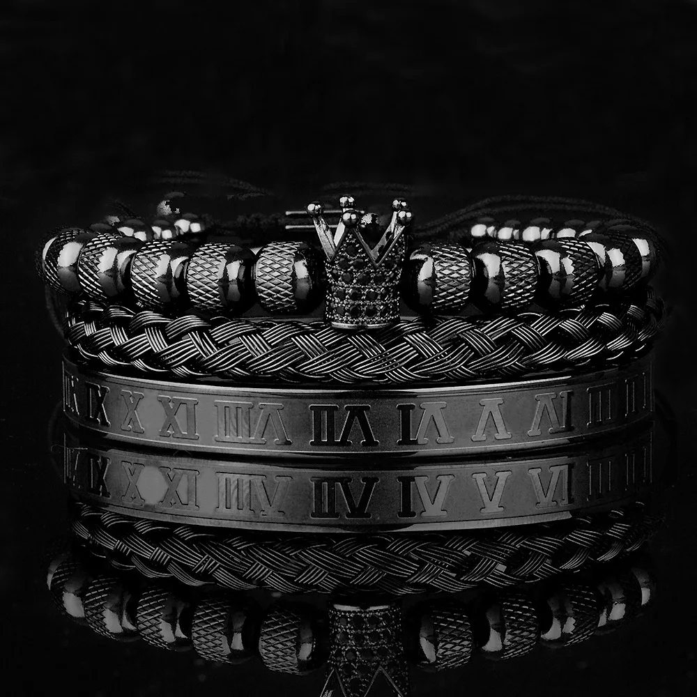 3pcs/Set Luxury Royal CZ King Crown Men Bracelets Roman Numeral Braided Adjustable Pulseira
