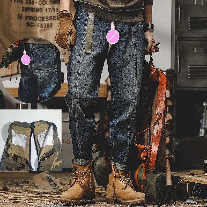 Invisible Open-crotch Outdoor Sex Boyfriend Jeans Heavy Retro Versatile Washed Scratched Stretch Slim Casual Cargo Trousers Men
