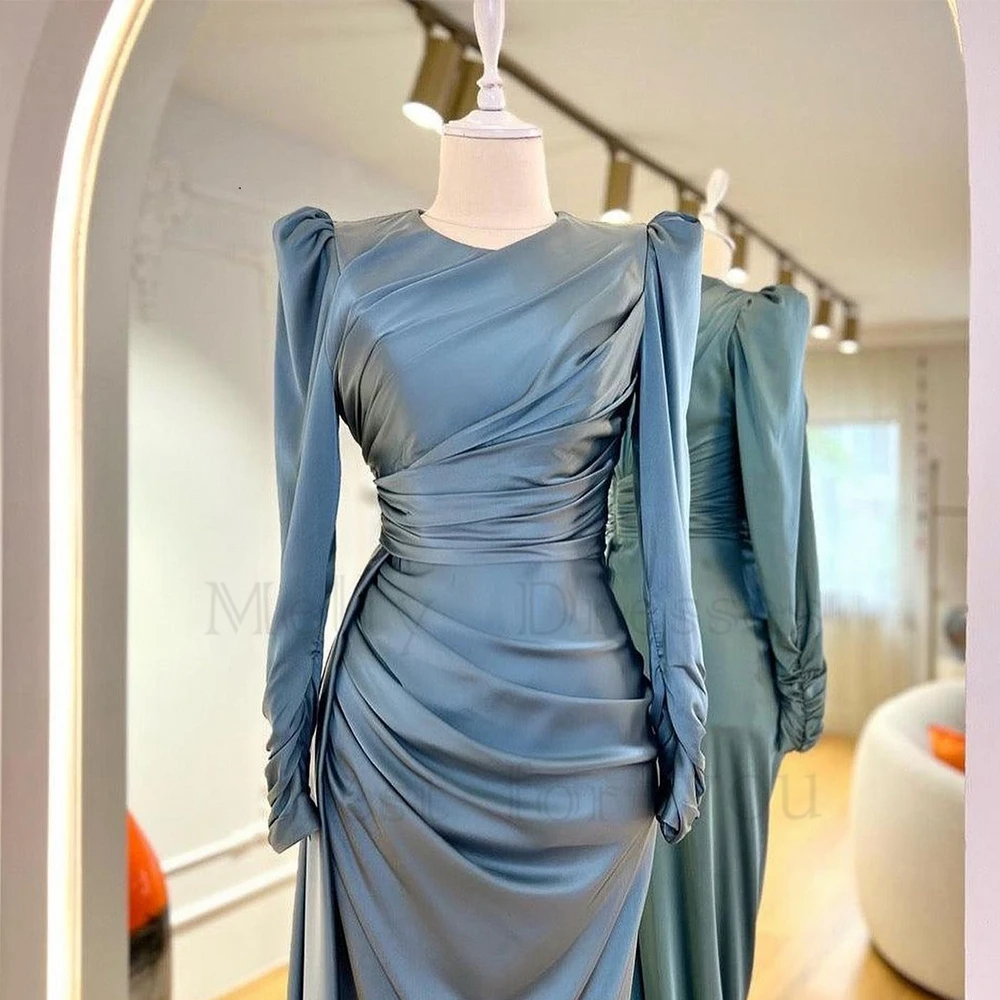 White Scoop Evening Dresses for Women Full Sleeve Satin Prom Gowns Summer New Rea Picture Vestido De Noche