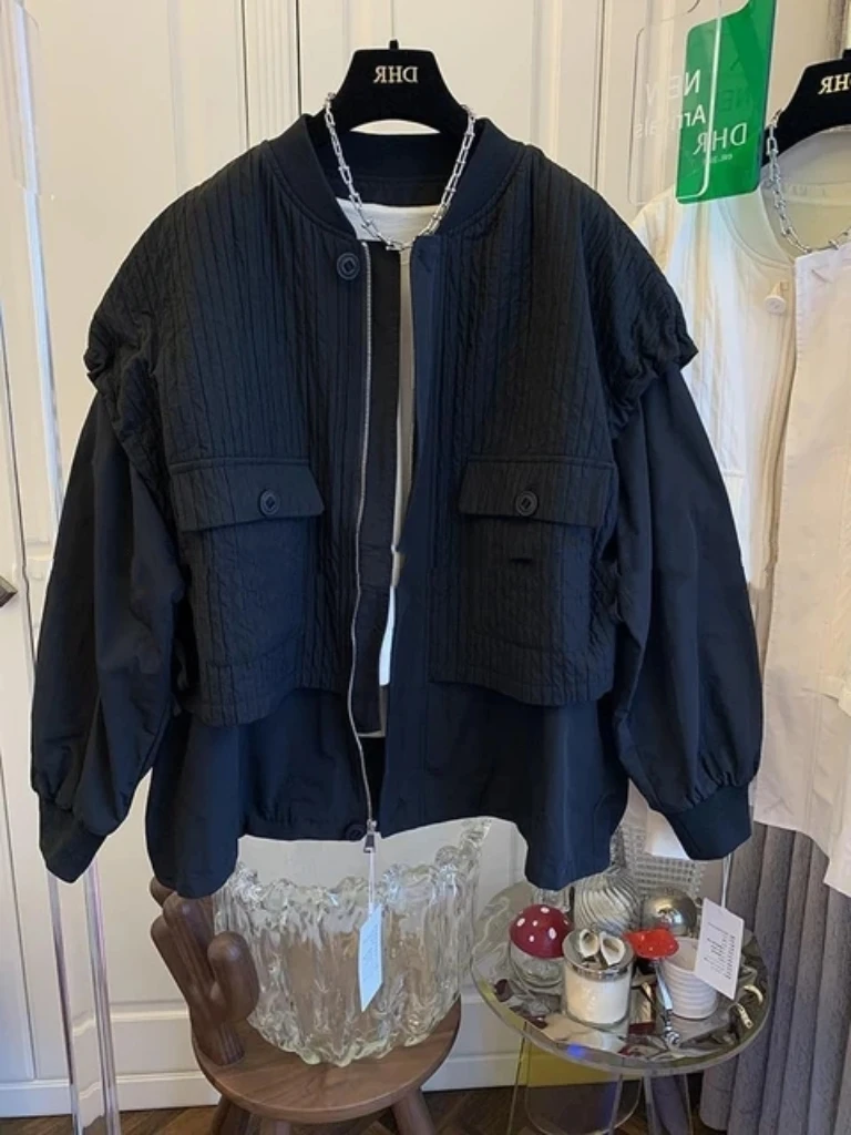 Loose Drawstring Fake Two-piece Coat Women's Spring And Autumn 2023 New Splicing new Long-sleeved 2025 Zippered Trench Coat