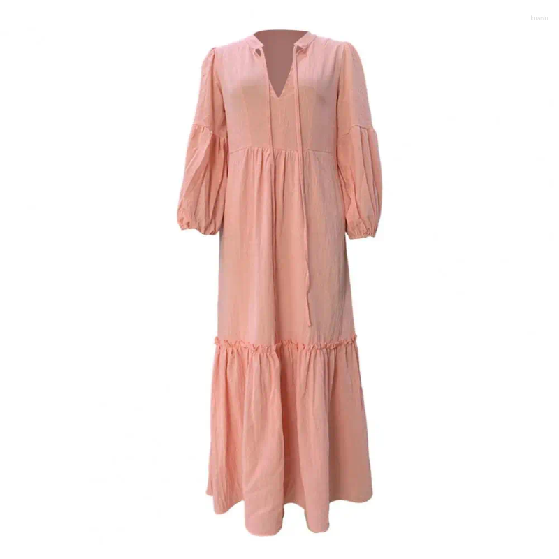 Casual Dresses Spring Soft Dress Pleated Detail Bohemian Beach Maxi With V-neck Bubble Sleeves Womens Loose Patchwork A-line