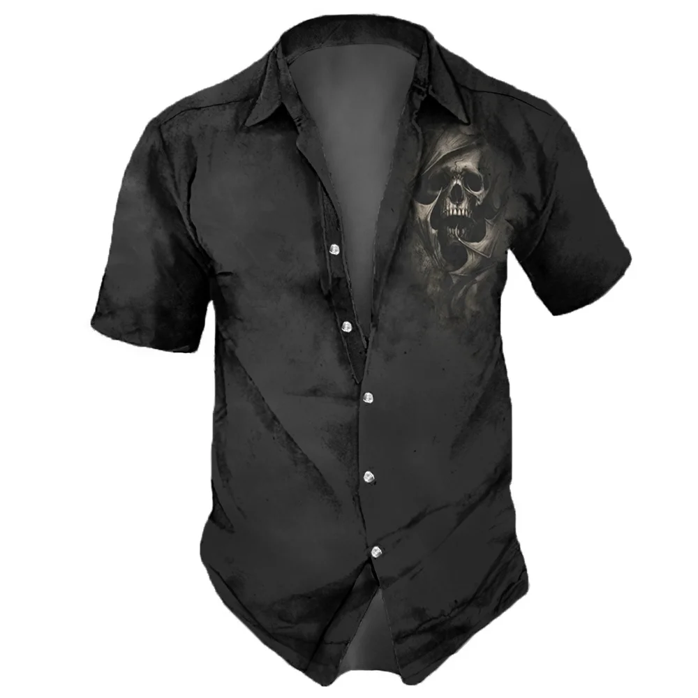 2023 Men's new Shirts Lapel Streetwear Vintage Shirt For Men Skull Hip Hop 2025 Short Sleeve Top Party Summer Casual Men Hawaiian Shirts