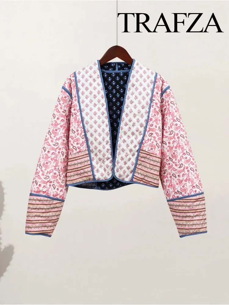 TRAFZA Women's Flower Print Coat Quilted Reversible Long Sleeve Open Front 2 In One Jackets Autumn Vintage Streetwear Coat