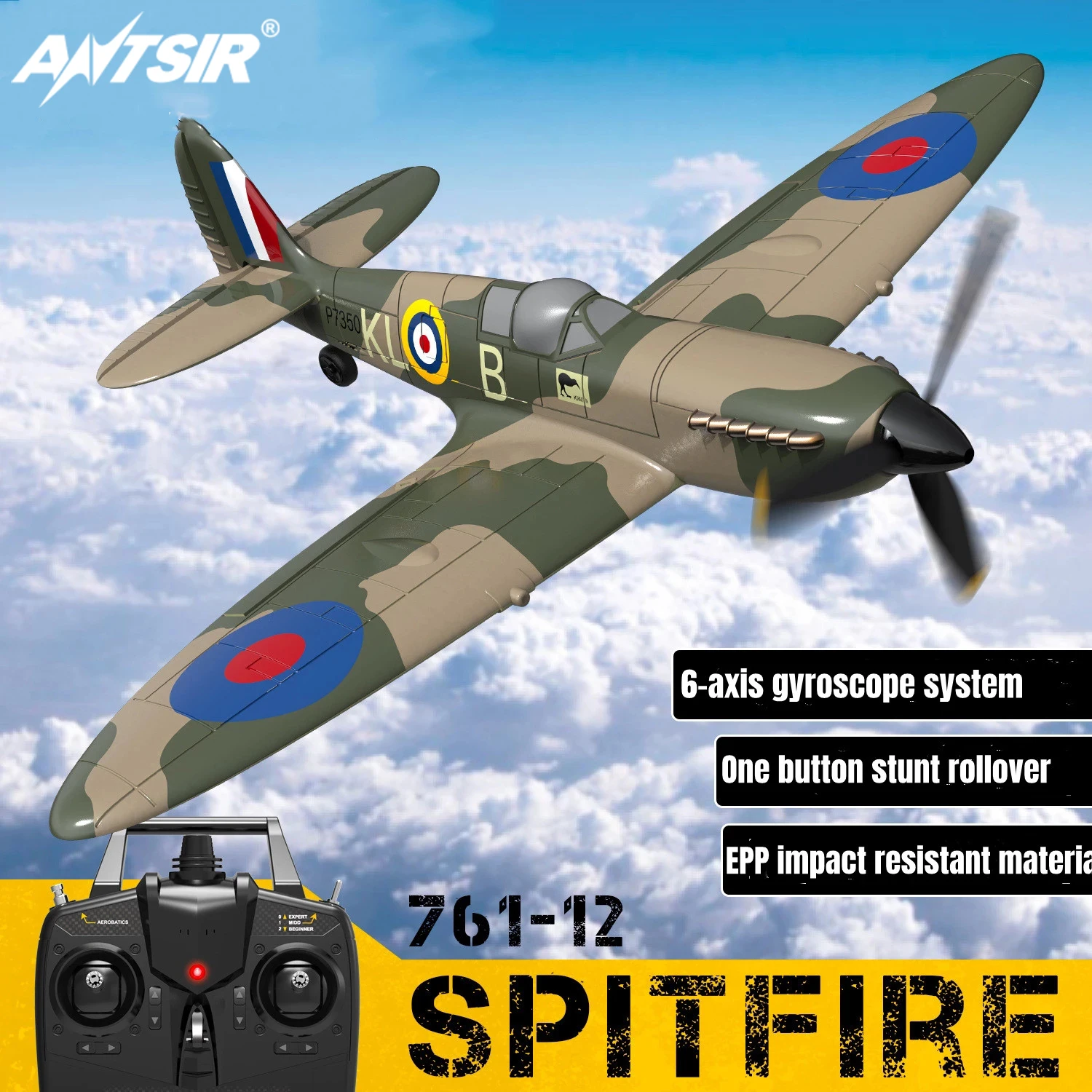 Spitfire RC Plane 2.4G 4CH EPP 400mm Fixed Wingspan Remote Control Fighter One-key Aerobatic RTF 761-12 RC Aircraft