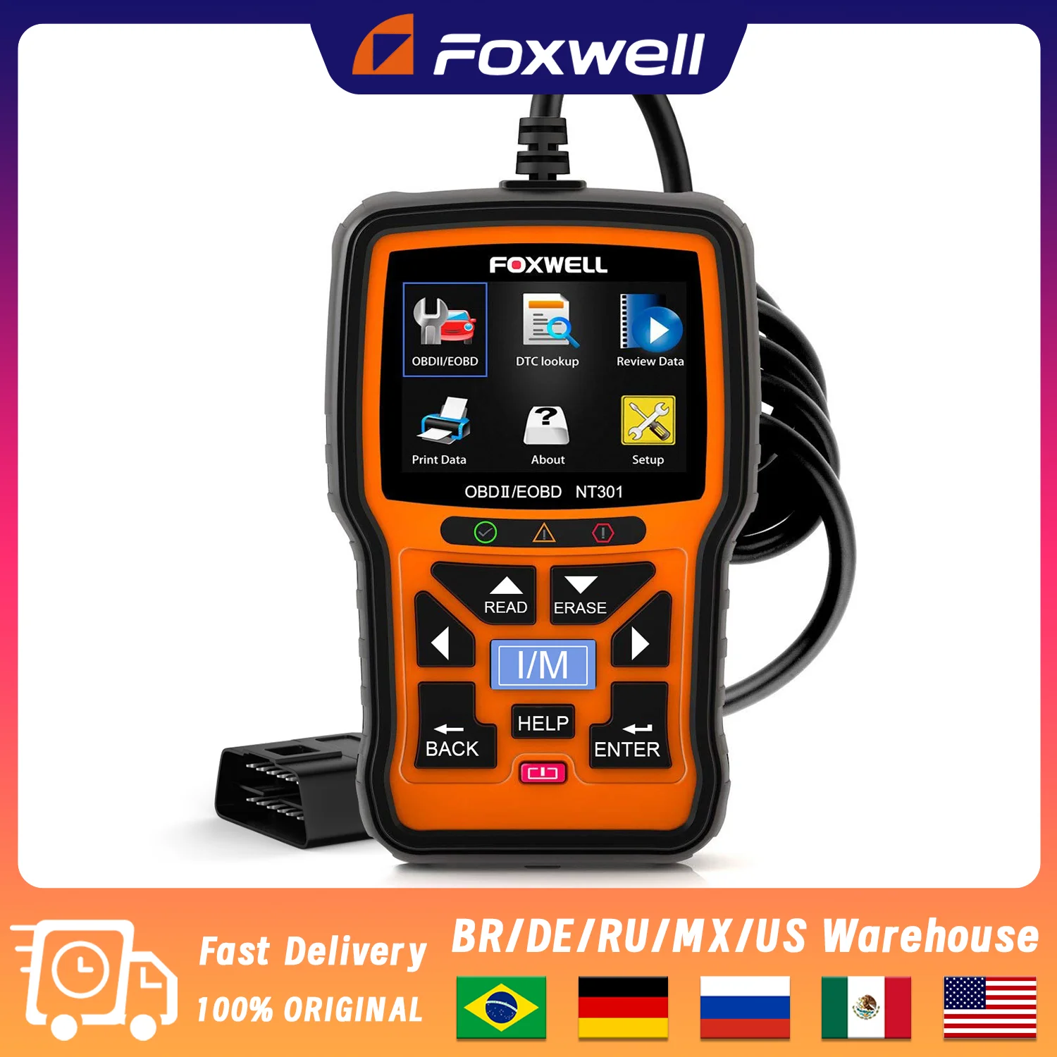 FOXWELL NT301 OBD2 Car Diagnostic Scanner Check Engine Light Code Reader Professional OBD2 Automotive Diagnostic Scan Tools
