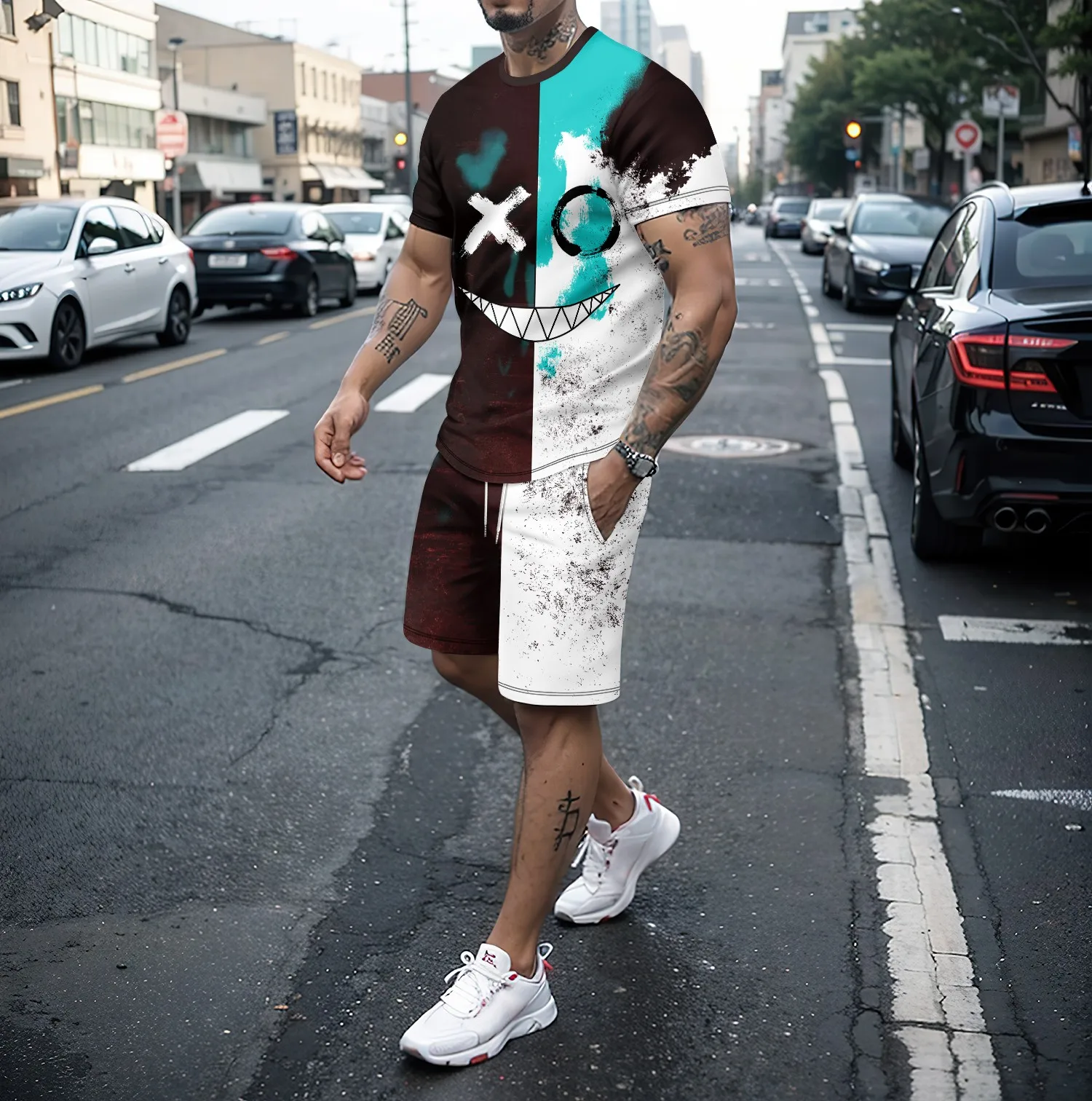 Summer round neck short sleeved T-shirt and shorts set men's 2-piece set 3D funny smiling face pattern casual street sportswear