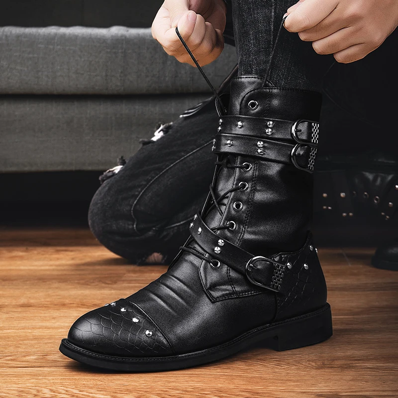 Motorcycle Boots Outdoor Men's Round Toe Wear-Resistant ddmysmile Platform Non-Slip Elastic Lightweight Hightop Boot Spring Autumn Main Smile