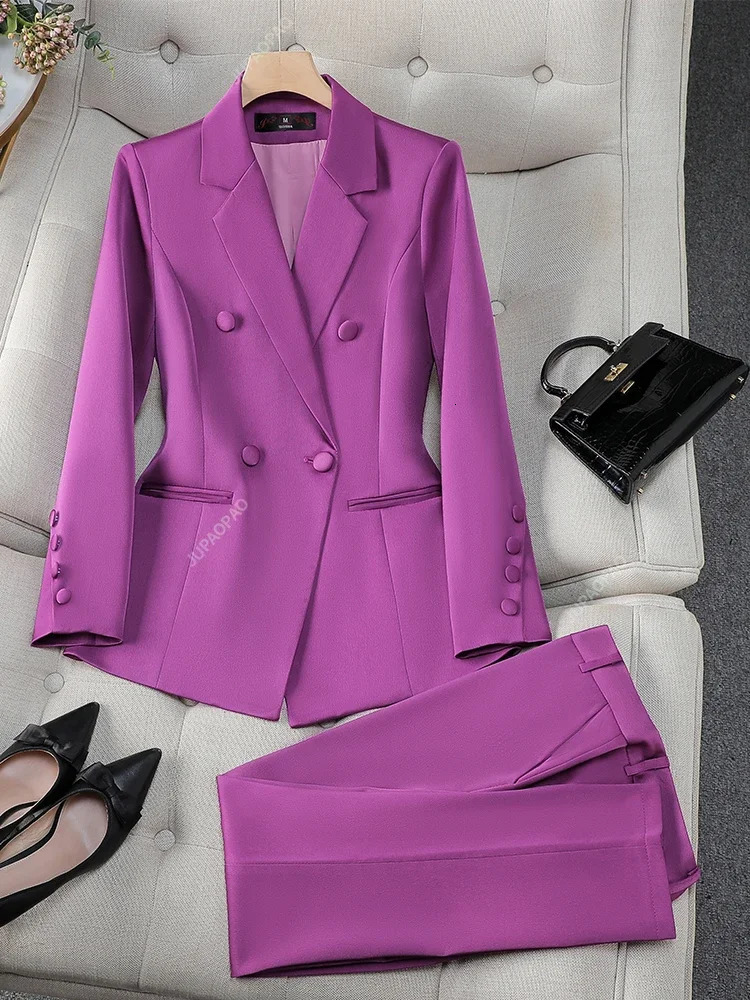 Fashion Office Ladies Formal Pant Suit Set Women Blue Pink Yellow Female Business Work Wear 2 Piece Blazer Jacket And Trouser 240329