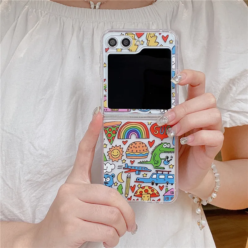 Cute Hand Drawn Phone Cases For Samsung Galaxy Z Flip 5 Hard PC Shockproof Cover Case For Samsung Z Flip5 ZFlip5
