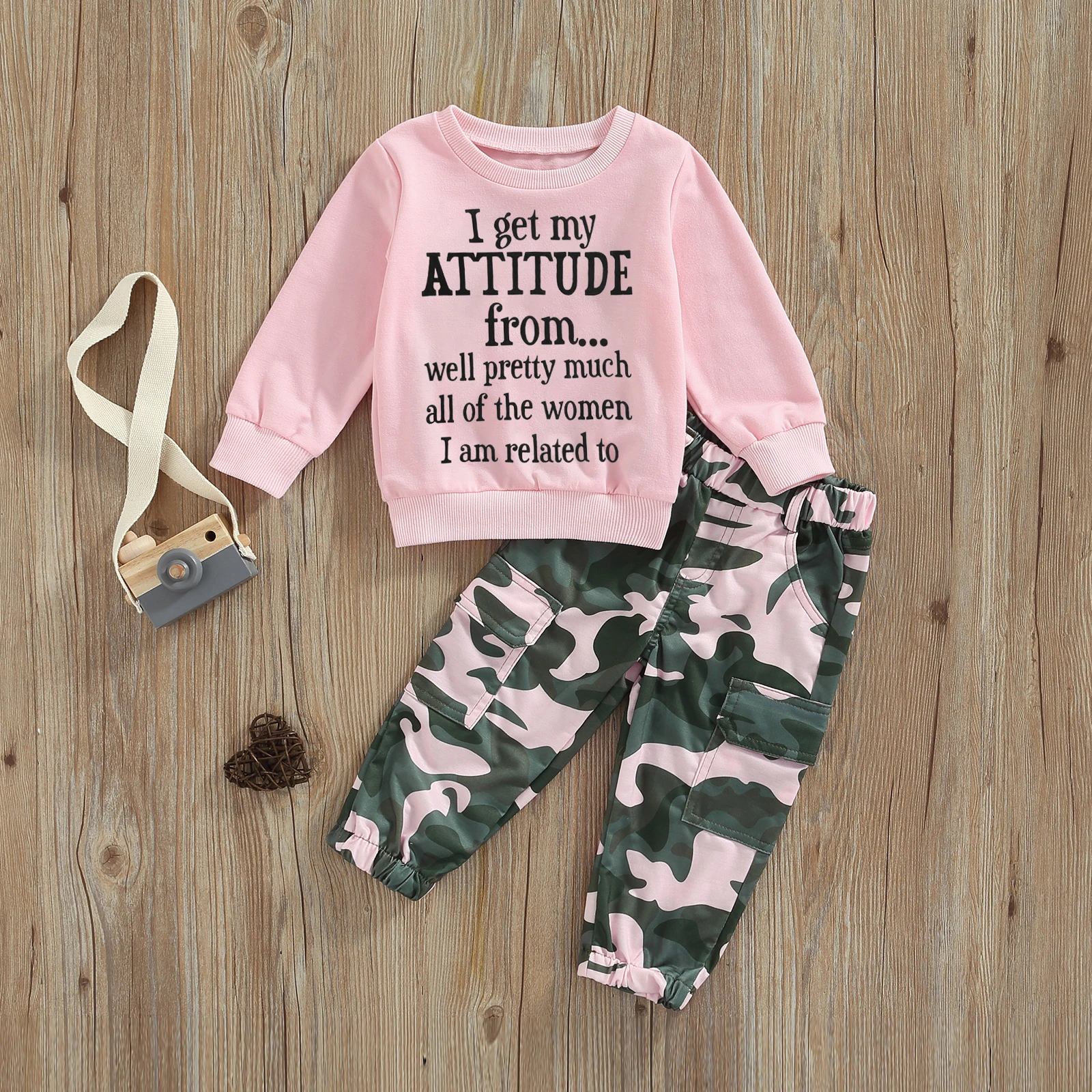Baby Toddler Girl Clothes Tops Pants Sweatsuit Set Cute Letter Print Sweatshirt and Camo Pants 2T 3T 4T 5T 6T