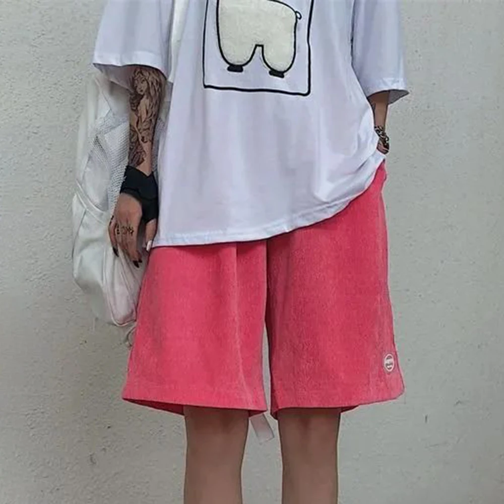 Summer New Corduroy Pink Shorts Men's Trend New Streetwear Loose Elastic Waist Short Trousers Casual Pants LGBT Men's Clothing